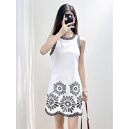 DUTRIEUX法式宮廷風(fēng)丨2色優(yōu)雅重工鏤空刺繡圓領(lǐng)修身顯瘦無(wú)袖連衣裙短裙女 白色 S