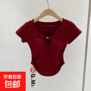 時(shí)尚氣質(zhì)純欲風(fēng)露背設計感上衣夏季辣妹顯瘦百搭v領(lǐng)短袖T恤女ins 紅色 XL