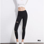 秋季新款破洞牛仔褲女九分小腳褲緊身鉛筆褲加肥加大碼女褲 黑色 2XL