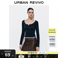 UR2026春季新款女裝簡(jiǎn)約松弛感亨利領(lǐng)短款修身長(cháng)袖T恤UYB450013 墨藍 L