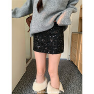 PPHOME自制閃閃新年裙 高腰A字毛呢短裙精致小香粗呢半身短裙女 黑色短裙 L