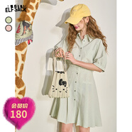 妖精的口袋條紋收腰襯衫連衣裙女2024年夏季新款顯瘦氣質(zhì)休閑裙子 綠白條紋色 S