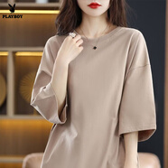 花花公子（PLAYBOY）顯瘦中長(cháng)款t桖女加長(cháng)款大碼寬松100%純棉落肩五分袖睡衣遮臀裙 官方旗艦淺咖色 長(cháng)款中袖純棉T恤 L 130-160斤