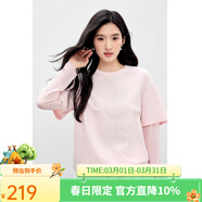 秋水伊人時(shí)尚蝴蝶結繡花T恤2026年春季新款女休閑假兩件設計上衣 淺粉 S