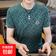 歐洲站冰絲短袖t恤男夏季高端感圓領(lǐng)T恤成熟男人半袖上衣潮T T5501藍綠 L 110-130斤