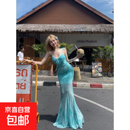 2026拼接吊帶綠色蝴蝶印花連衣裙夏季度假新款魚(yú)尾網(wǎng)紗包臀女長(cháng)裙 綠色 S