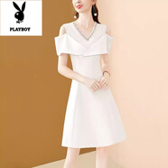 花花公子（PLAYBOY）高端正式場(chǎng)合連衣裙女夏2026新款輕奢氣質(zhì)V領(lǐng)鑲鉆設計感露肩裙子 白色 L (建議105-115斤 高品質(zhì))