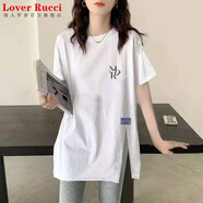 LOVER RUCCI2025年夏季新款純棉簡(jiǎn)約短袖上衣女韓版中長(zhǎng)款寬松百搭側(cè)開(kāi)叉t恤 MLCR-白色 XL 【125-140斤】