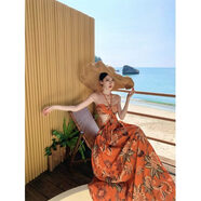 歌弗婭民族風(fēng)波西米亞鏤空抹胸掛脖連衣裙海邊復古印花泰國度假沙灘長(cháng)裙 L 均碼