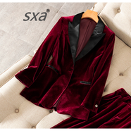 SXA香港潮牌金絲絨小西裝套裝女秋冬新款休閑西服氣質(zhì)職業(yè)兩件套 酒紅色【單件西裝】 M