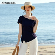 Olrain歐芮兒性感露肩一字領(lǐng)上衣2026年新款夏季天絲通勤百搭短袖T恤女 藍色 L
