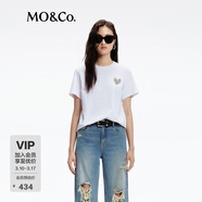 MO&Co.【抗菌防螨】棉質(zhì)T恤春秋愛(ài)心切割水鉆綴飾刺繡短袖黑色白色 漂白色 S