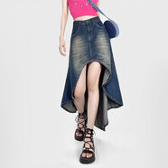 精選美式街頭辣妹A字牛仔裙女高腰水洗做舊設計感不規則半身長(cháng)裙 復古藍 S