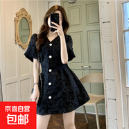 法式泡泡袖裙子露腰v領(lǐng)珍珠扣立體浮雕氣質(zhì)小個(gè)子a字連衣裙女夏季 黑色 L