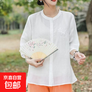 中老年媽媽夏裝民族風(fēng)套裝中老年女裝夏季新款洋氣仿棉麻襯衫上衣 白色 229 2XL 建議115-140斤