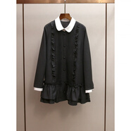 MASANDE深圳南油高端女裝春季新款格雷系淑女撞色翻領(lǐng)木耳邊拼接連衣裙女 灰色 S