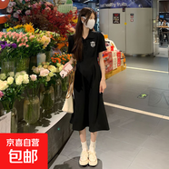 新款森系娃娃領(lǐng)夏季短袖收腰連衣裙遮肉荷葉邊中長(cháng)款過(guò)膝長(cháng)裙顯瘦 黑色 M