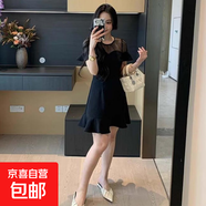 黑色連衣裙小個(gè)子2026夏季新款網(wǎng)紗拼接收腰顯瘦法式短裙D2768LYT 黑色短款 M 【100-110斤】