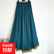 720度超大擺裙鑲金邊跳舞裙子新疆舞廣場(chǎng)舞民族舞蹈長(cháng)裙紅色長(cháng)裙 孔雀藍 均碼 100cm