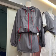 韓版早秋韓國設計感連帽抽繩工裝外套+A字淑女短裙運動(dòng)套裝 灰色套裝 L  建議80-110