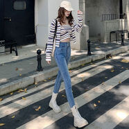 黑色八分小個(gè)子牛仔褲女網(wǎng)紅春秋小腳2025流行款雙扣九分鉛筆褲 淺色長(cháng)褲 40 282尺1