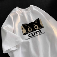 楠飛華裳精梳純棉短袖t恤女潮流男女同款情侶裝閨蜜百搭印花打底衫 純棉-白色貓咪字母 L 【110-125斤】