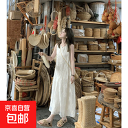 【月色降臨】小個(gè)子連衣裙中長(cháng)款無(wú)袖背心裙清新初戀感提花小白裙 米白色 XL