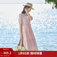 茵曼（INMAN）七七同款連衣裙2026夏女裝新款田園純棉提花方領(lǐng)A字泡泡袖蛋糕裙 皮粉色 L