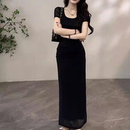 迪逸姿（DIYIZI）名媛氣質(zhì)短袖方領(lǐng)收腰連衣裙女2025新款夏季下擺開(kāi)叉獨特性感長(cháng)裙 黑色連衣裙 XL 【建議120-140斤】