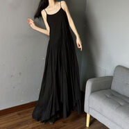 黑色棉麻吊帶裙森系感長(cháng)款拖裙子冷感不規則裙擺衣裙 黑色 均碼 均碼