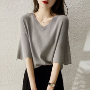 AEMAPE灰色針織小香風(fēng)V領(lǐng)短袖女冰絲2026夏季百搭喇叭袖純色T恤短款上衣 DX934#灰色 M 建議100-120斤