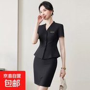 高級感黑色短袖職業(yè)套裝裙女夏季氣質(zhì)西裝前臺美容院珠寶店工作服 黑色外套+9510#半身裙 M (建議88-98斤左右)