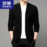 ROMON開(kāi)衫毛衣男士春秋季針織衫外套韓版外穿修身含羊毛上衣服 黑色 M 170