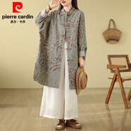 皮爾卡丹春季設計感新中式棉麻外套女裝文藝復古盤(pán)扣寬松蝙蝠袖中長(cháng)款外套 芥末綠 M