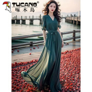 啄木鳥(niǎo)（TUCANO）洋氣到腳踝長(cháng)款海邊拍照長(cháng)裙2026新款綠色連衣裙女夏季雪紡沙灘裙 圖片色 S