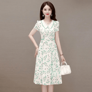 AEMAPE2026夏季新款氣質(zhì)小個(gè)子娃娃領(lǐng)短袖修身顯瘦減齡碎花連衣裙A字裙 綠花 2XL 110斤-120