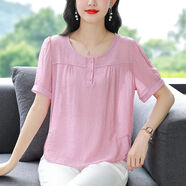 妙普樂(lè )亞麻雪紡衫天絲雪紡短袖t恤女夏裝文藝氣質(zhì)遮肚上衣媽媽裝亞麻半 粉色 L  建議1115斤