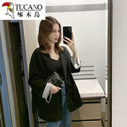 啄木鳥(niǎo)西裝外套女2026新款韓版寬松休閑顯瘦條紋小西裝百搭長(cháng)袖西服上衣 黑色 M (105-120斤)