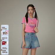 CHUU字母印花短袖T恤女士2026夏季新款辣妹修身小個(gè)子短款上衣 玫粉 均碼