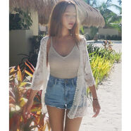 夏天穿的薄款紗衣網(wǎng)衫透氣女士披肩外套衣女中長款2022夏季旅游度假網(wǎng)紗開衫半袖空調(diào)衫蕾絲外搭盛昭達 杏色 均碼