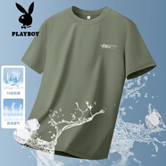 花花公子（PLAYBOY）7A新疆長絨純|棉短袖t恤男士打底衫夏季寬松全|棉半袖體恤潮牌T恤 7A全|棉-橄欖綠色 M 穿100-120斤