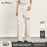 謎底破洞牛仔褲女夏新品復古BF風(fēng)親膚透氣直筒褲242MK0614 米白 M