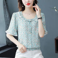 AEMAPE碎花雪紡襯衫短袖女2026夏季新款寬松顯瘦洋氣小衫時(shí)尚襯衣上衣 綠色 3XL 130-140斤
