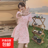 法式泡泡袖裙子露腰v領(lǐng)珍珠扣立體浮雕氣質(zhì)小個(gè)子a字連衣裙女夏季 粉色 L