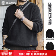 馬登工裝美式復古豎條紋亨利領(lǐng)毛衣寬松加厚黑色打底針織衫男春冬 黑色 -3扣版 【毛衣男高級感/毛線(xiàn)衣/針織外套男】 S 【寬松版型,請參考尺碼表】