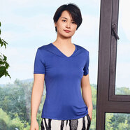 VOA38姆米雙面針織桑蠶絲桃心領(lǐng)顯瘦糯軟四面彈透氣短袖T恤 B683 藏藍 2XL