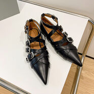 彤棠歐洲站歐美尖頭平底單鞋女2026新款春季真皮淺口小眾設計感瓢鞋 黑色 34