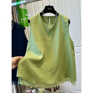 何佳功亞麻雪紡衫雪紡拼接亞麻假兩件無(wú)袖背心T恤男女上衣大碼寬松休閑 綠色 M  建:85-100斤左右