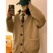 針織開(kāi)襟羊毛衫男士春秋季美式男士v領(lǐng)毛衣灰色懶散風(fēng)格男孩韓國 駝色 L 110-130斤