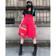 高端輕奢女式背帶褲背背褲歐貨字母休閑高腰水洗牛仔短褲夏季印花舒適百搭連體褲潮吊襠褲套裝女孕婦（定制） 紅色(寬松版) M
